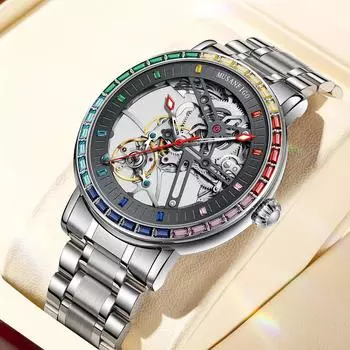 Мужские автоматические механические часы MUSANFIGO в спортивном стиле с двухсторонним ажурным дизайном и светящимся указателем на ремешке из нержавеющей стали белый