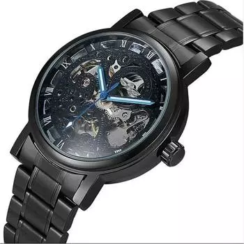 Мужские автоматические механические часы с черным полым стальным ремешком Мужские автоматические механические часы