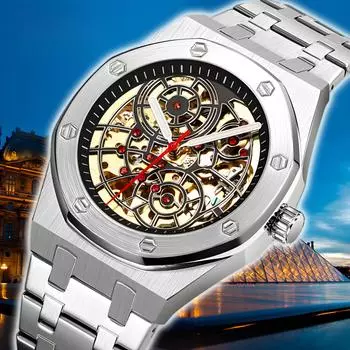 Мужские автоматические механические часы с креативным рубиновым инкрустированием, восьмиугольный полый циферблат, водонепроницаемые, светящиеся, модные, роскошные, деловые часы серебряный