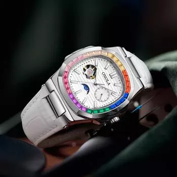 Мужские автоматические механические часы с маховиком, полым 24-часовым окошком для индикации фаз Луны, цветные часы с бриллиантами, круглые студенческие механические часы синий