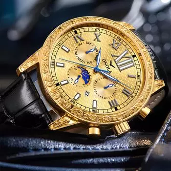 Мужские автоматические механические часы с тремя циферблатами, 24-часовым дисплеем фаз Луны, календарем, мужские деловые механические часы чёрный/золотой