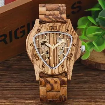 Мужские автоматические механические часы с треугольным циферблатом, стильный натуральный бамбуковый ремешок из дерева, мужские наручные часы коричневый