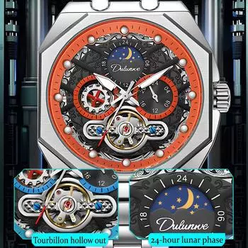 Мужские автоматические механические часы с турбийоном, водонепроницаемые, светящиеся, 24-часовой циферблат с фазами Луны, изысканный подарок для мужчин, модные часы синий