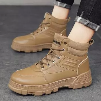 Мужские байкерские ботинки, повседневные высокие кожаные ботинки, сохраняющие тепло, модные, универсальные, популярные, водонепроницаемые, на шнуровке 39 чёрный