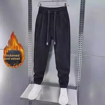 Мужские бархатные шаровары осень/зима - однотонный цвет, эластичный пояс, модная строчка, повседневный крой XXL