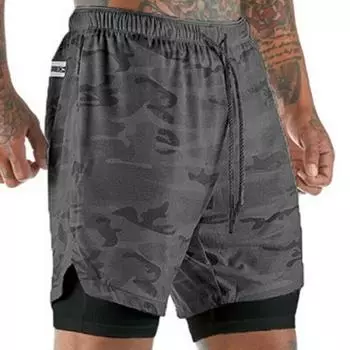 Мужские беговые камуфляжные шорты 2 в 1 с двойным слоем, эластичные, быстросохнущие, для спортзала Gray Camo,M