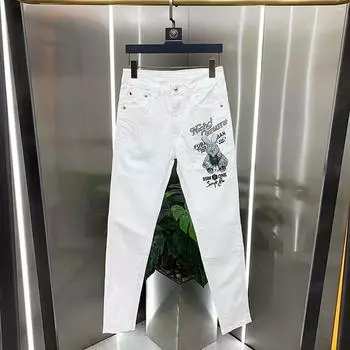 Мужские белые джинсы. Мужские модные брендовые джинсы с принтом. Красивые повседневные облегающие обтягивающие щиколотки. 31 [62.50 kg-67.50 kg]]