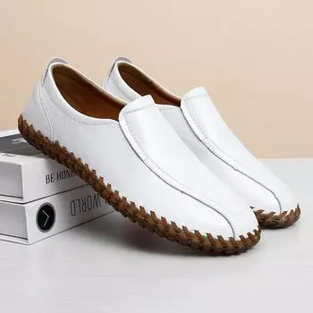 Мужские белые походные ботинки, мокасины, слипоны, обувь для вождения, повседневные лоферы, кожаные туфли ручной работы, черные широкие туфли для папы 38 чёрный