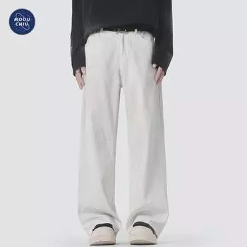 Мужские белые потертые джинсы Muqiu Wide-Leg - повседневные брюки в американском стиле высшего качества S (90-105 jin) белый