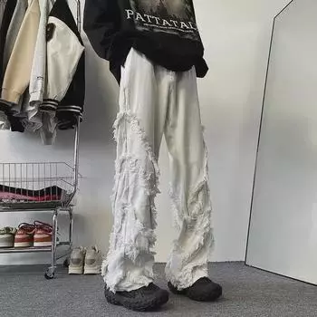 Мужские белые прямые джинсы с необработанным краем — уличный стиль в стиле хип-хоп M белый