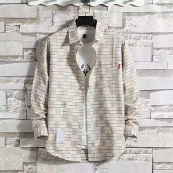 Мужские блузки Рубашка с лацканами Длинные рукава Клетчатые футболки Свободная рубашка с пальто на пуговицах Повседневные рубашки Большие размеры Модные топы L бежевый