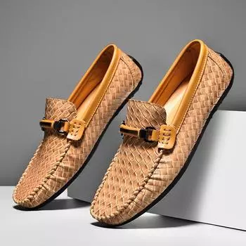 Мужские большие кожаные мокасины: Повседневная обувь для вождения без застежек 41 коричневый