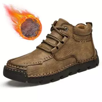 Мужские большие кожаные высокие зимние ботинки - теплые плюс бархатные повседневные в стиле Мартин, сшитые вручную low-top, 42 хаки