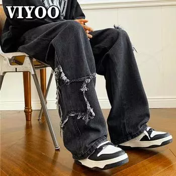Мужские большие размеры 5XL Y2K, американская уличная одежда, винтажная повседневная одежда с вышивкой в виде звезды, черные мешковатые джинсы, одежда, повседневные широкие джинсовые брюки, мужские спортивные штаны 3XL чёрный