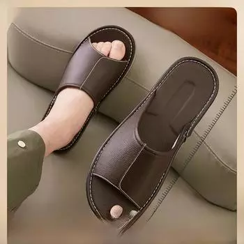 Мужские большие тапочки из натуральной коровьей кожи — нескользящие, летние, удобные для дома, доступны большие размеры 43-44 (fits size 42-43) темно-коричневого