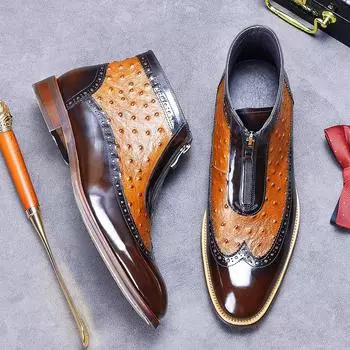 Мужские ботильоны коричневого цвета с рисунком страуса ручной работы из натуральной кожи с застежкой-молнией в стиле ретро, высококачественная мужская обувь на осень-зиму 6 чёрный