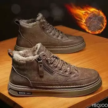 Мужские ботильоны, высокие кожаные мужские ботинки, ретро-рабочие мужские ботинки, меховые теплые зимние ботинки, обувь на молнии для мужчин, Botas Para Hombre 39 чёрный