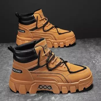 Мужские ботинки 2024 года, осенне-зимние ретро-ботинки для мотоциклистов, водонепроницаемые, на толстой подошве, на платформе, со шнуровкой, повседневные, устойчивые к холоду ботинки 39 абрикосовый