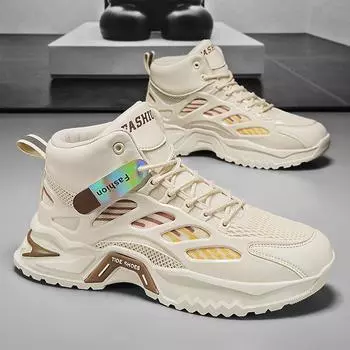 Мужские ботинки 2024 года, повседневные, новые, высокие, сетчатые, дышащие, на толстой подошве, увеличивающие рост, белые, нескользящие, со шнуровкой, хлопковые ботинки 39 белый
