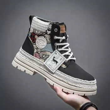 Мужские ботинки 2025 года, осень/зима, толстая подошва, высокий верх, шнуровка, плоский каблук, новые рабочие ботинки в британском стиле, повседневные модные ботинки 39