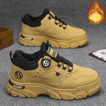 Мужские ботинки 2025 года, зимняя тенденция, вращающаяся пряжка, для походов на открытом воздухе, короткие ботинки, нескользящая толстая подошва, теплая плюшевая хлопковая обувь 39