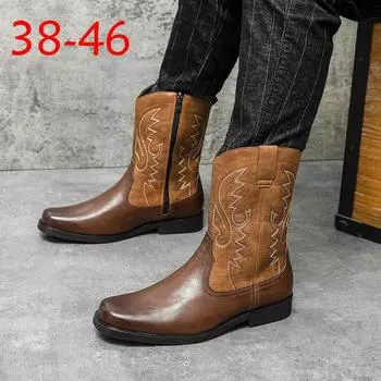 Мужские ботинки, большие размеры 46, длинные ботинки с хвостом-трубой, кожаные ботинки, рыцарские сапоги, винтажные рабочие ботинки с вышивкой 38 коричневый