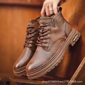 Мужские ботинки, ботильоны ручной работы в стиле ретро, повседневные кожаные ботинки для мужчин, нескользящие, теплые, на платформе, удобные, мягкие мужские ботинки 39 чёрный