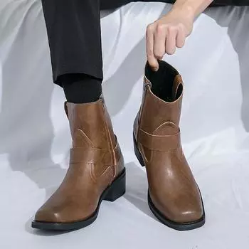 Мужские ботинки из искусственной кожи, однотонные, с боковой молнией, на низком каблуке, удобные, нескользящие, классические, деловые, повседневные, мужские, короткие ботинки, большой размер 38-46 38 коричневый