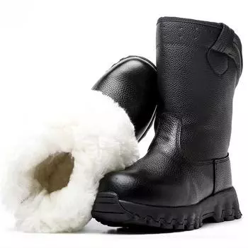 Мужские ботинки из натуральной кожи, теплые плюшевые шерстяные зимние ботинки, непромокаемые ботинки до середины икры, мужские уличные ботинки в стиле вестерн, мужская хлопковая обувь 2024 36 коричневый