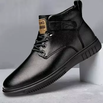Мужские ботинки из натуральной кожи, удобные, теплые, зимние, по щиколотку, деловые, кожаные, большого размера 36 чёрный