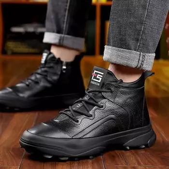 Мужские ботинки из натуральной кожи, зимние, из натуральной коровьей кожи 2024, теплые, удобные, нескользящие, мужские зимние ботинки Zapatos De Hombre 6 чёрный