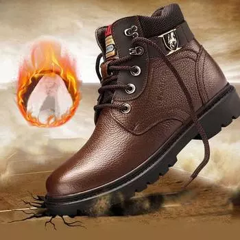 Мужские ботинки из натуральной кожи, зимние ботинки для снегоступов, шерстяная внутренняя часть, нескользящие ботинки для папы, водонепроницаемые мужские ботинки для снегоступов 38 чёрный