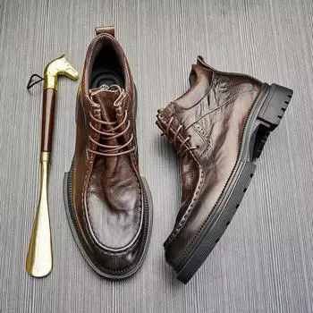 Мужские ботинки Кожаные ботинки на платформе Ботинки челси со шнуровкой Высокие модные ботинки с круглым носком Ботинки Martin Green 38 чёрный