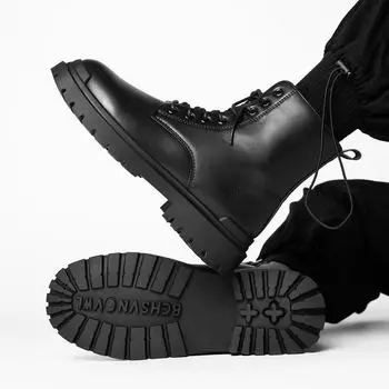 Мужские ботинки martin: Черная осенняя рабочая одежда в британском стиле, повседневная мотоциклетная кожа с теплой бархатной подкладкой, доступны большие размеры. 39