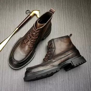 Мужские ботинки Martin из кожи на шнуровке, средние ботинки на платформе, рабочие ботинки с круглым носком, кожаные ботинки для мужчин 38 чёрный