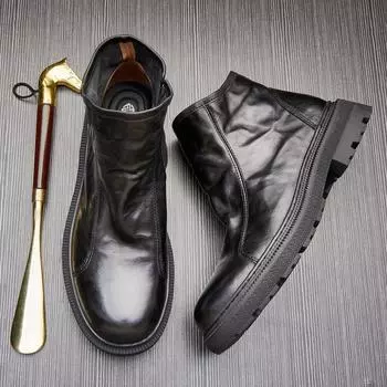 Мужские ботинки Martin из кожи с круглым носком, средней высоты, с молнией, толстая подошва, британские модные кожаные ботинки для мужчин 38