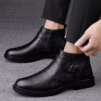 Мужские ботинки Martin в британском стиле средней высоты из коровьей кожи, осенне-зимняя кожа, плюс бархат, короткие ботинки на молнии plus cotton; size 42 чёрный