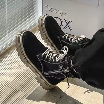 Мужские ботинки на толстой подошве с застежкой-молнией, шнуровкой, корейской пряжкой на ремне, увеличивающей рост, высокие британские спортивные ботинки 39 чёрный