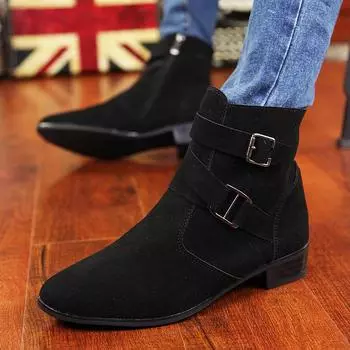 Мужские ботинки на высоком каблуке, ботинки в стиле вестерн с острым носком и кончиками крыльев, черные замшевые модельные ботинки в стиле ретро для мужчин, большие размеры EU:46 чёрный