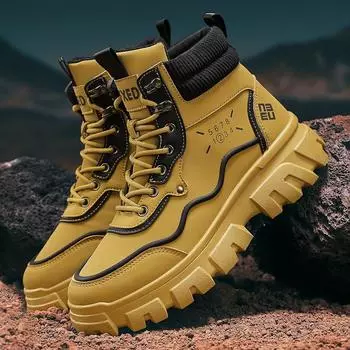 Мужские ботинки осень/зима мужские уличные ботинки корейской версии высокие повседневные на шнуровке плоские с круглым носком удобные кожаные туфли 39 хаки