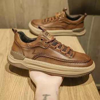 Мужские ботинки, осенняя кожаная повседневная обувь с высоким берцем, модная хлопковая обувь, ботильоны на плоской подошве, деловая уличная обувь, мужские кроссовки, новые 38 коричневый