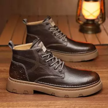Мужские ботинки, осенняя кожаная повседневная обувь с высоким берцем, модная хлопковая обувь, ботильоны на плоской подошве, деловая уличная обувь, мужские кроссовки, новые 39 коричневый