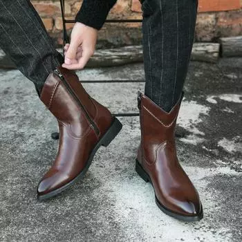 Мужские ботинки в стиле вестерн с острым носком и кончиками крыльев, черные, коричневые, желтые, повседневное платье в стиле ретро, кожаные мужские демисезонные ботинки до середины икры для мужчин, большие размеры EU:38 чёрный