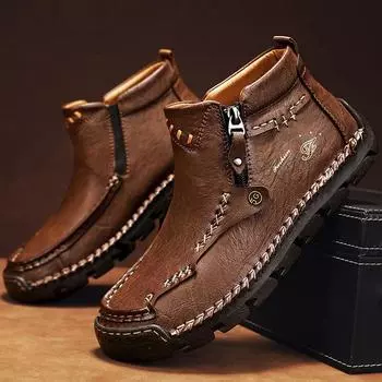 Мужские ботинки, высокие кожаные ботинки, плюшевые, уличные, большого размера, осень/зима, плюс, бархатные, теплые, ручной работы, ботильоны 38 чёрный