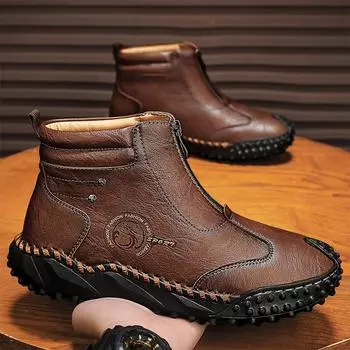 Мужские ботинки, высокие кожаные туфли, плюшевые уличные хлопковые туфли, большой размер 39-46 39 чёрный