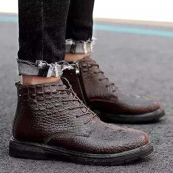 Мужские ботинки высокого качества, мужская повседневная обувь, зимние ботинки на шнуровке с боковой молнией, плюшевые теплые ботинки для снегоходов с узором под крокодила 45