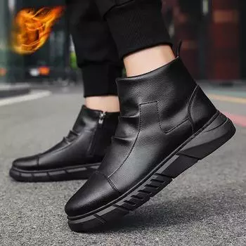 Мужские ботинки, зимние новые черные высокие ботинки, плюшевые, теплые, в британском стиле, удобные, нескользящие, из искусственной кожи, на молнии 39 чёрный