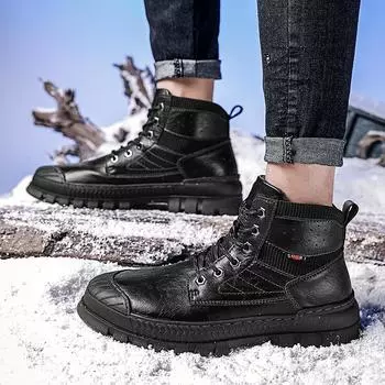 мужские ботинки зимние плюшевые теплые мужские туфли на шнуровке кожаные нескользящие с мехом высокие кроссовки мужские теннисные туфли мужские зимние ботинки 6.5