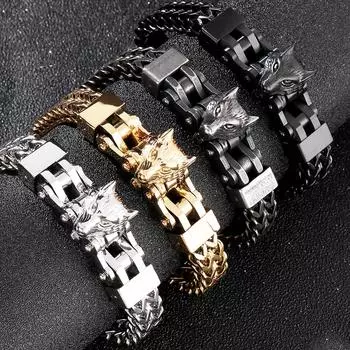 Мужские браслеты из нержавеющей стали с волчьими головами шириной 12 мм, двухслойный браслет-цепочка Franco Link для мужчин, украшения в стиле панк с подарочным пакетом 21.5CM темно-синий