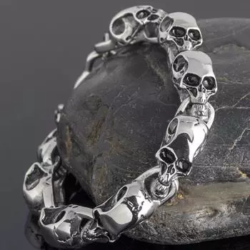 Мужские браслеты из твердой нержавеющей стали в стиле панк и хиппе, 9 мм, браслет-цепочка с черепами и призраками, мужские ювелирные аксессуары на Хэллоуин 19.5CM серебряный